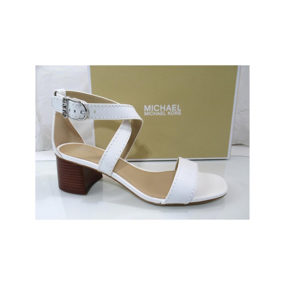 Michael Kors Ashton Mid Crisscross Stacked Block Sandal Leather White Size 9.5